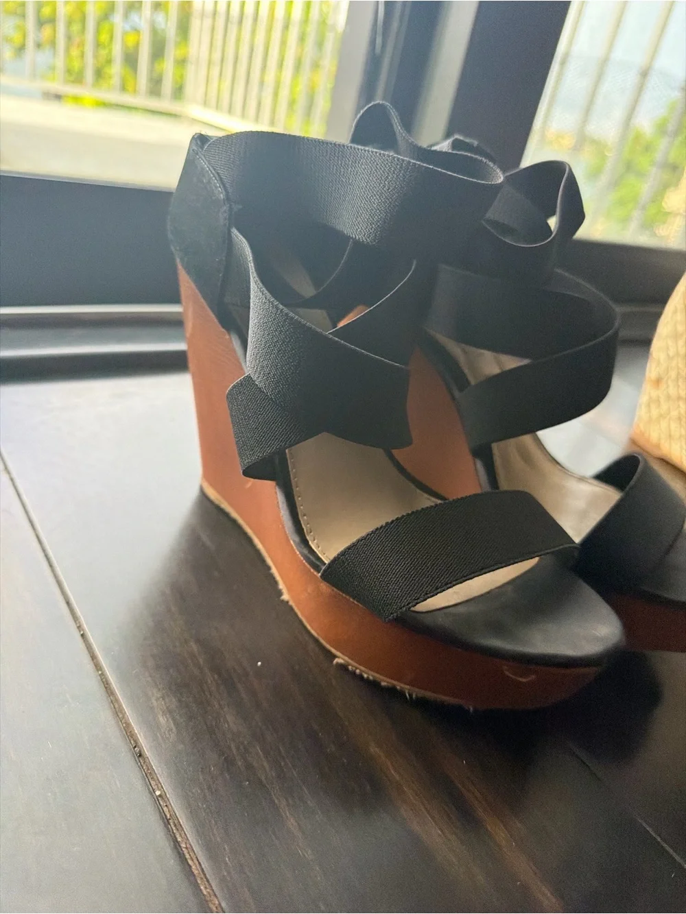 Steve Madden Black Elastic Strap Wedge Sandals